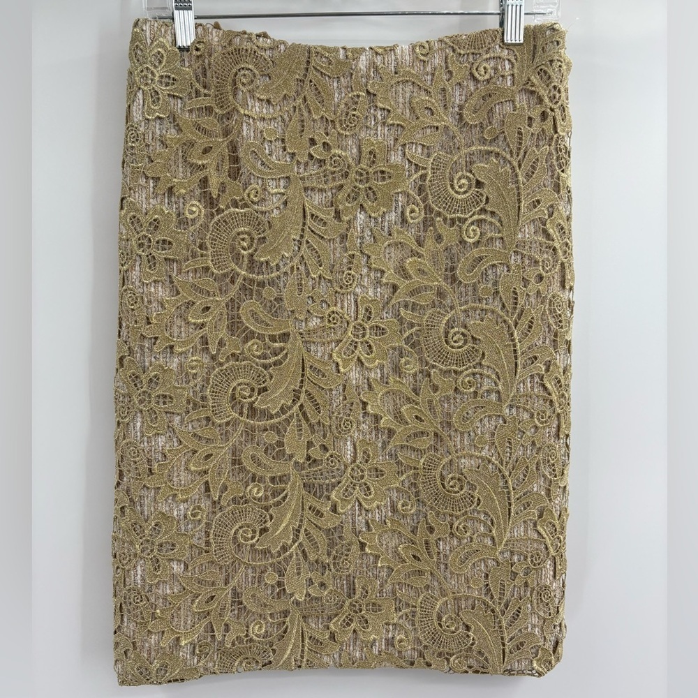 Randi Rahm lined cocktail Elegant Formal Gold Lace Pencil Skirt Sz 6-8